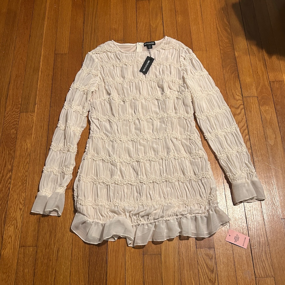 NWT PrettyLittleThing Almond Textured Boat Neck Mini Dress Womens 12